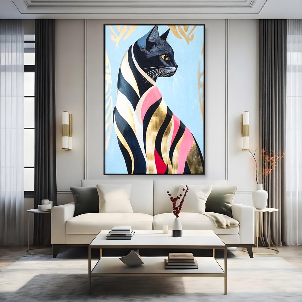 Tablou canvas cu tablou canvas cu pisica neagra stilizata, in rama de aluminiu negru, pe perete intr-un living